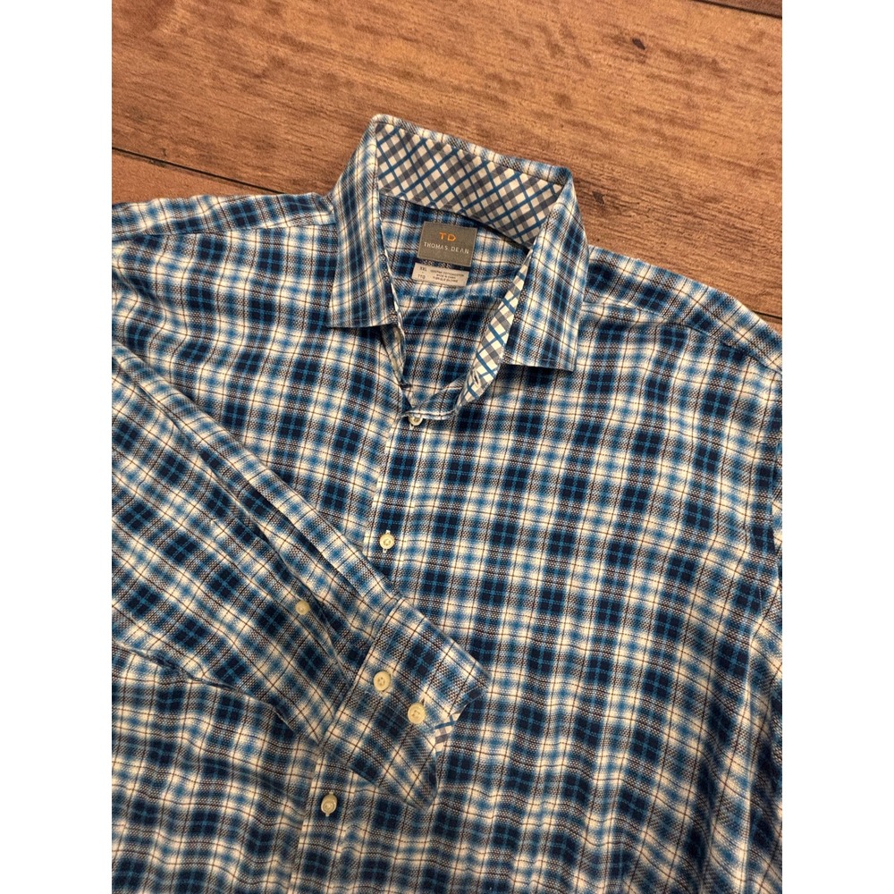 Thomas Dean Blue White Plaid Pima Cotton Button Down Shirt XXL Mens